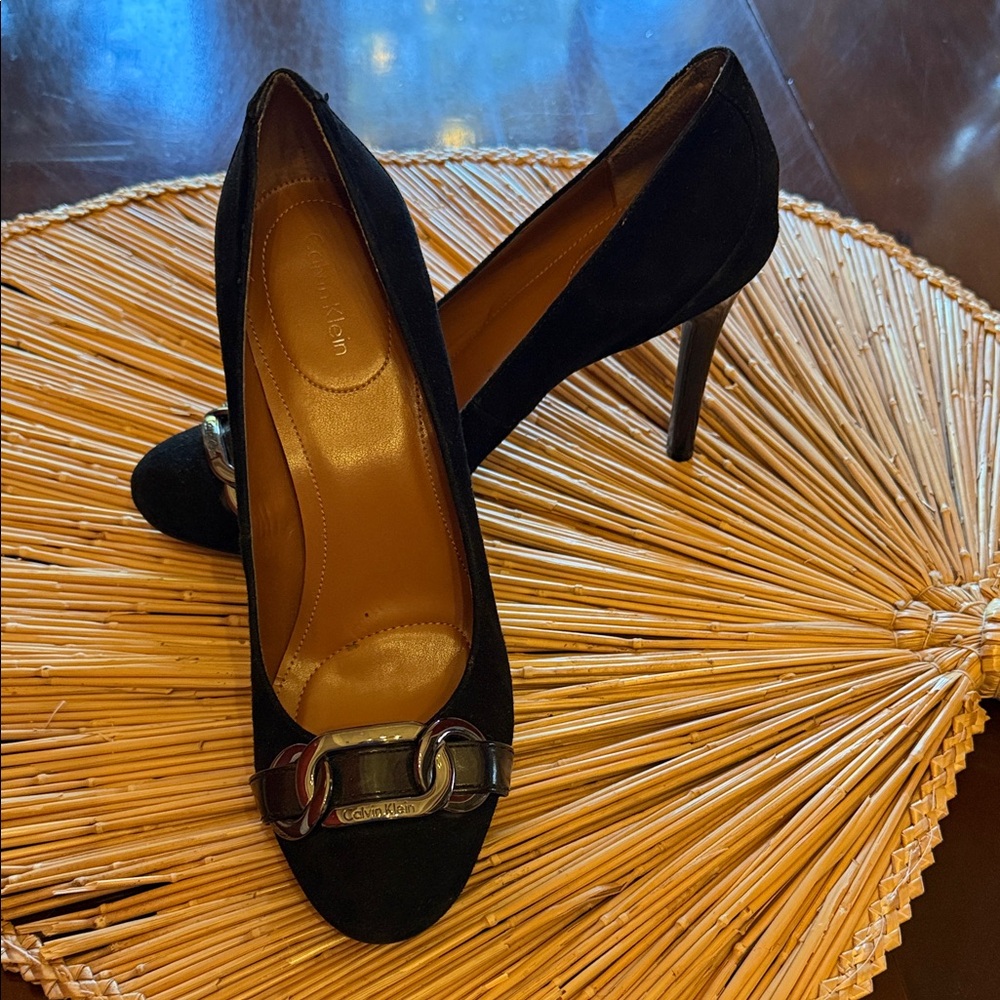 Calvin Klein Black Suede Heels with Silver Accent
